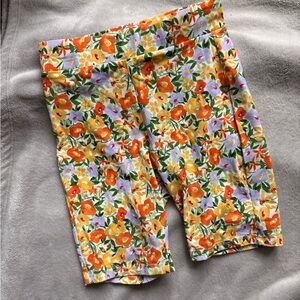 Zara - Vintage Floral Stretch Biker Shorts in Yellow, Orange & Green - Size S